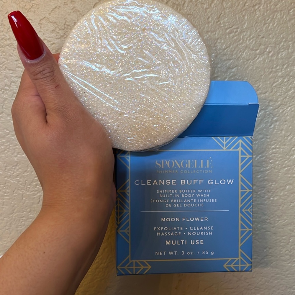 Shimmer, buffer, exfoliating sponge